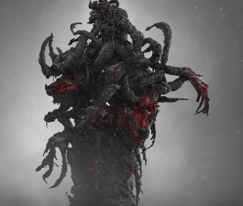 Image similar to samurai standing on a bunch of bodies with 6 arms , gloomy and foggy atmosphere, octane render, artstation trending, horror scene, highly detailded