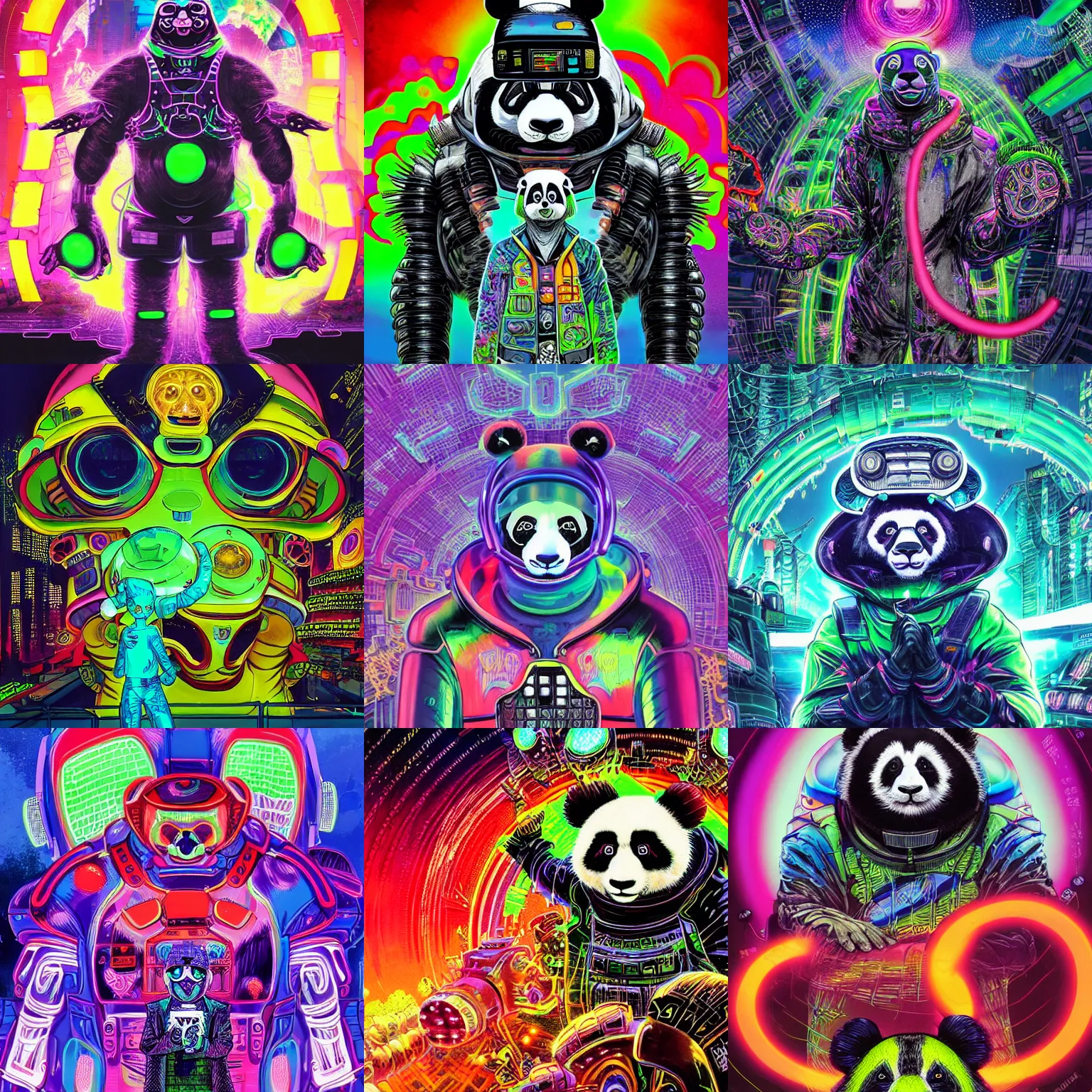 Prompt: portrait of a psychedelic cybernetic panda with toxic mold themed clothes, techno planet in cybernetic neo - tokyo in background, by jeff easley, vibrant colors, award winning, stylized neon, post - processing, by tsutomu nihei, superb resolution, by junji ito, by greg rutkowski, 8 k, hyper realistic anime, perfect art