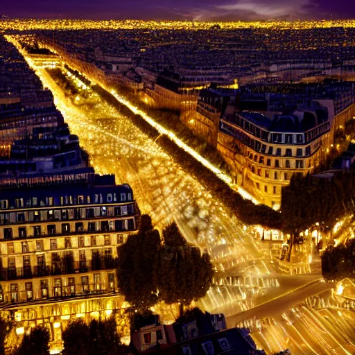 Image similar to an avenue in paris on a christmas night, colorful, aerial view, photorealistic, 8 k