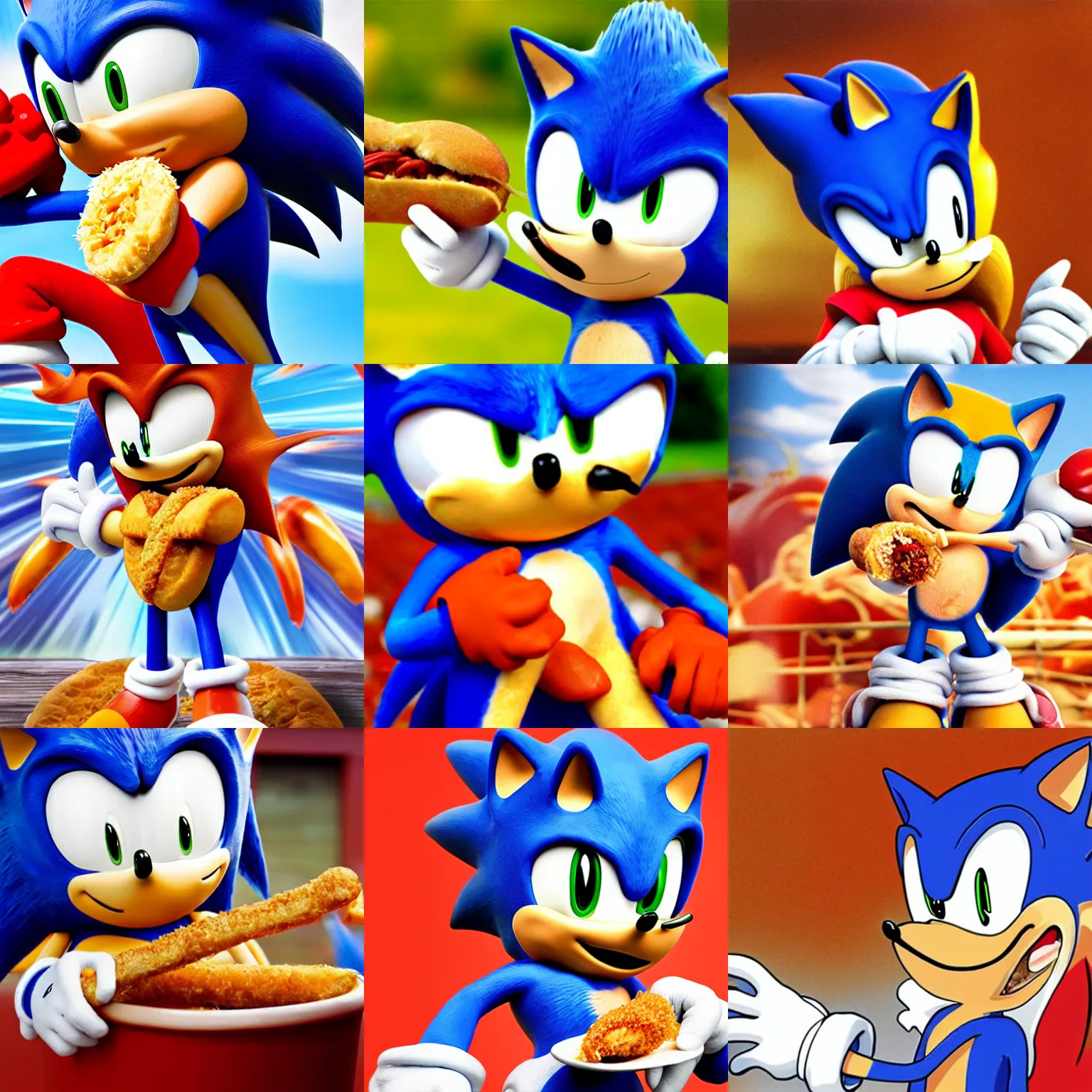 Prompt: Sonic the Hedgehog eating a chilli dog