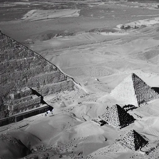 Image similar to a bird's eye view of the pyramids at giza and a river of flowing blood