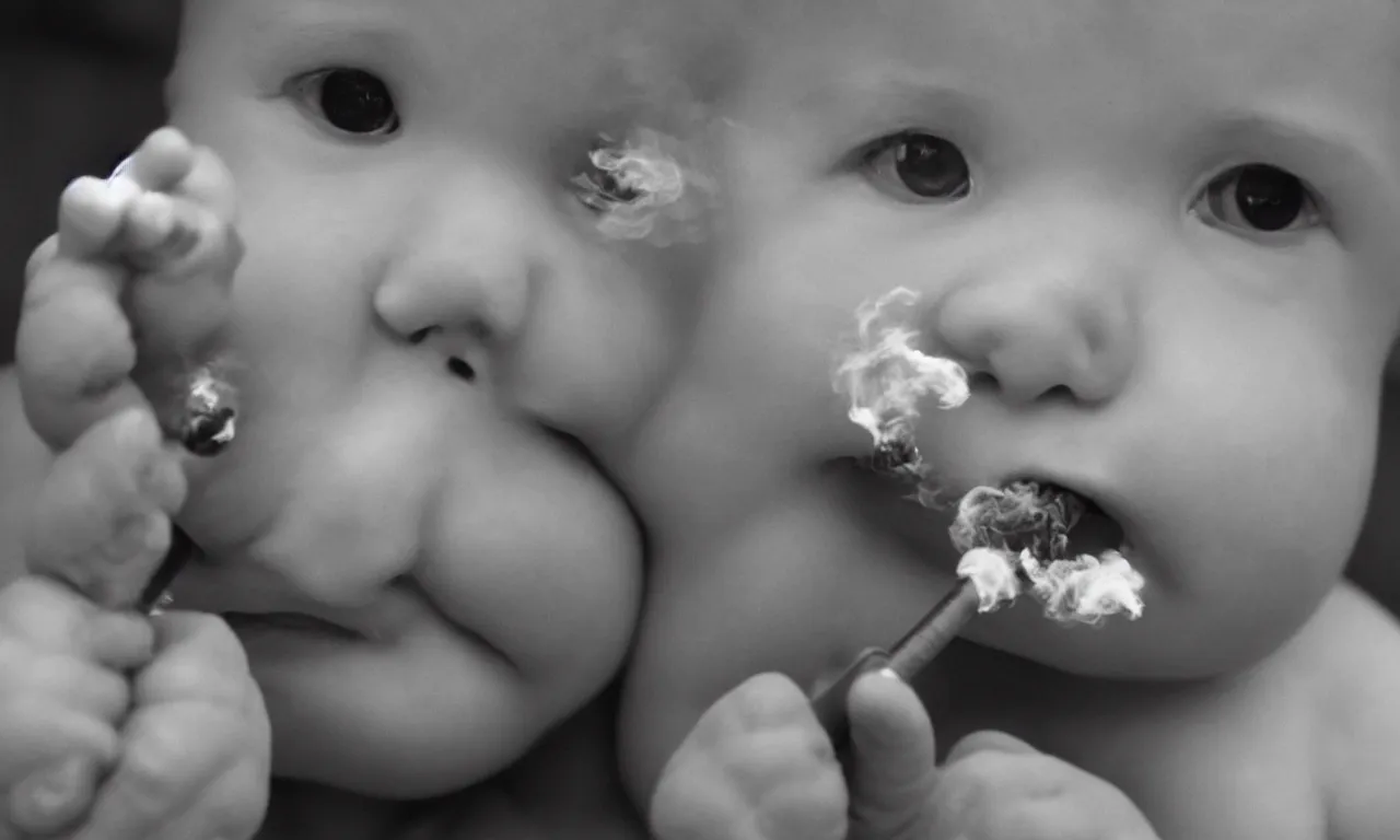 Image similar to a photograph of a baby smoking a crack pipe