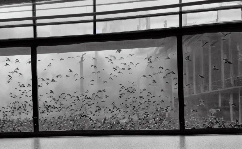 Image similar to cinematic shot of a flock of birds outside the window of the byron travel plaza, moody scene from being john malcovich directed by charlie kaufman ( 2 0 0 1 ), foggy volumetric light morning, anamorphic lenses, kodak color film stock