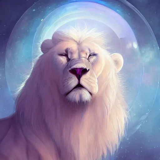 Image similar to aesthetic portrait commission of a albino male furry anthro lion floating and sleeping inside a soap bubble while opening its third eye in the blue cloudy sky, minimalistic sky Atmosphere, hyperdetailed. Character design by charlie bowater, ross tran, artgerm, and makoto shinkai, detailed, inked, western comic book art, 2021 award winning painting