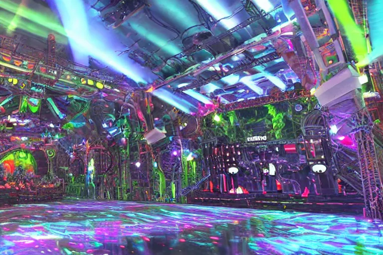 Prompt: an outdoor festival stage with audience, center of the stage is a big futuristic dieselpunk machine with gears and belts and tubes, rock musicians on the stage, laser show, 8 k, fluorescent colors, halluzinogenic, multicolored, exaggerated detailed, unreal engine