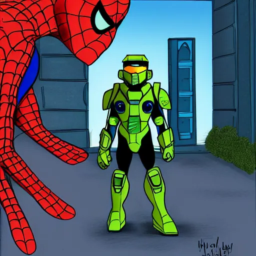 Image similar to Master Chief from Halo getting a pizza from Spiderman at an old apartment, digital art