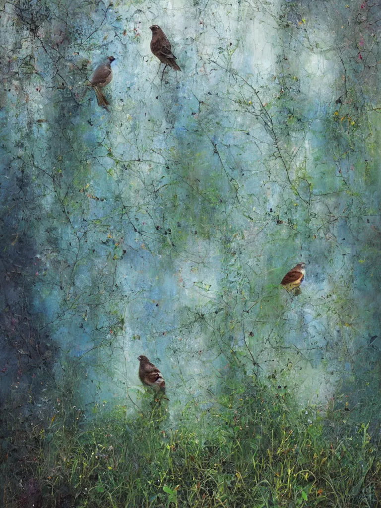 Image similar to abstract wall, hyperrealistic sparrows, impressionist greenery, sea visible through the cracks in the paint. By Gregory Mortenson, Alyssa Monks, Stephen Bauman, Conor Walton, Casey Baugh, Jeremy Lipking, Adam Miller, Mario Robinson. oil on canvas.