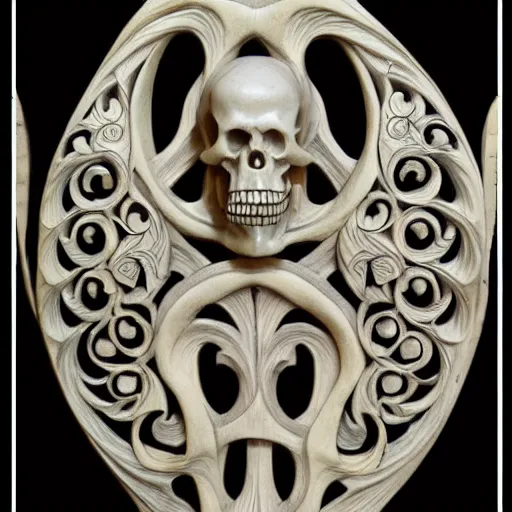 Image similar to memento mori detailed art nouveau bone carving by arthur rackham, gothic, intricately carved antique bone, skulls