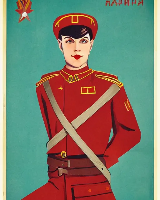 Prompt: androgynous transmasc model in soviet uniform, soviet propaganda poster design, cccp, soviet union propaganda