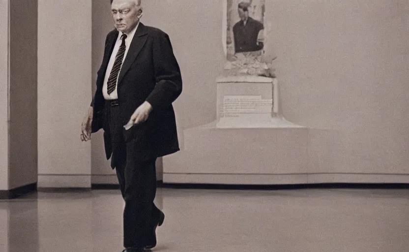 Prompt: 50s movie still close-up portrait of an elder soviet general walking in an empty museum, by David Bailey, Cinestill 800t 50mm eastmancolor, heavy grainy picture, very detailed, low quality video, 4k, HD criterion, precise texture and facial expression