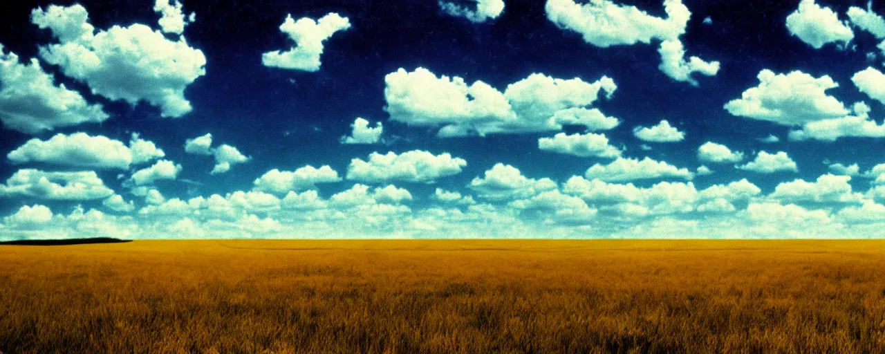 Image similar to film still of kansas landscape and sky, intricate, beautiful, serene, majestic, detailed, ultra, mega, super, visable sounds waves