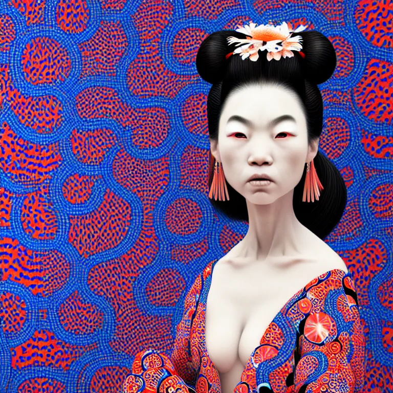 Image similar to hyperrealistic detailed image of a geisha in a art installation room, hd smooth interior by yayoi kusama, part by kei mieno, part by ross tran, dark art by james jean, ultra realistic, highly detailed, life like face, detailed body, 8 k, 3 d render by roger magrini, very cohesive, masterpiece