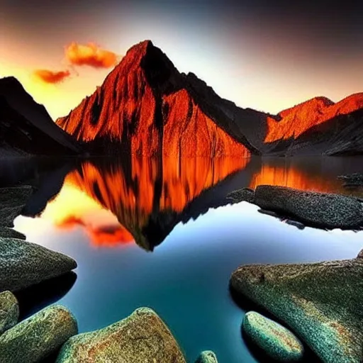 Image similar to amazing landscape photo of mountains with lake in sunset by marc adamus, beautiful dramatic lighting