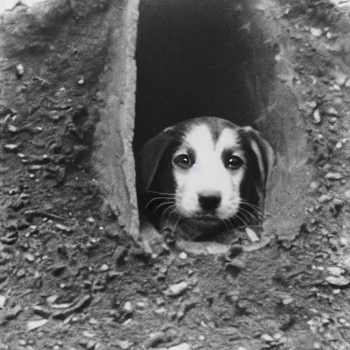 Prompt: Puppy in ww1 trench, war photo, film grain