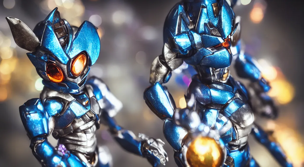 Image similar to medium close up view, Megamen,Guyver,colourful,bokeh,blur,cinematic lighting