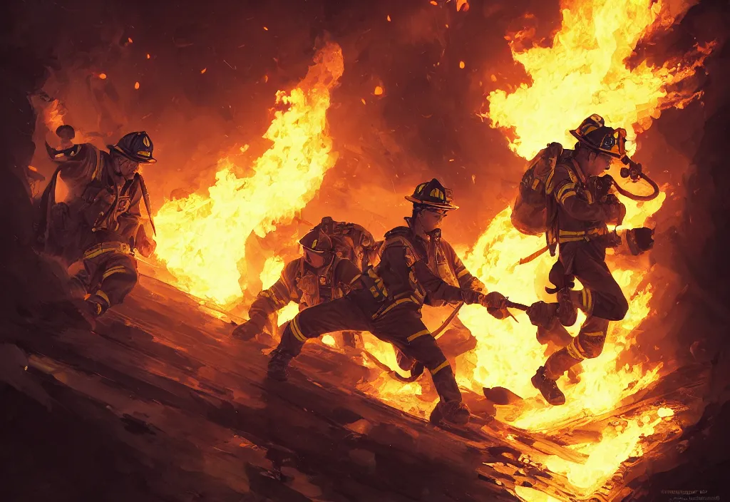 Prompt: heroic firefighter in action in black and yellow uniform, fire flames, sharp details, sharp focus, elegant, highly detailed, illustration, by jordan grimmer and greg rutkowski and pine ( ハイネ ) and 薯 子 imoko and 香 川 悠 作 and wlop and maya takamura, intricate