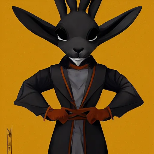 Image similar to anthropomorphic jackrabbit harengon with black skin, wearing stylized monk robes and a wide brimmed hat, digital art featured on artstation