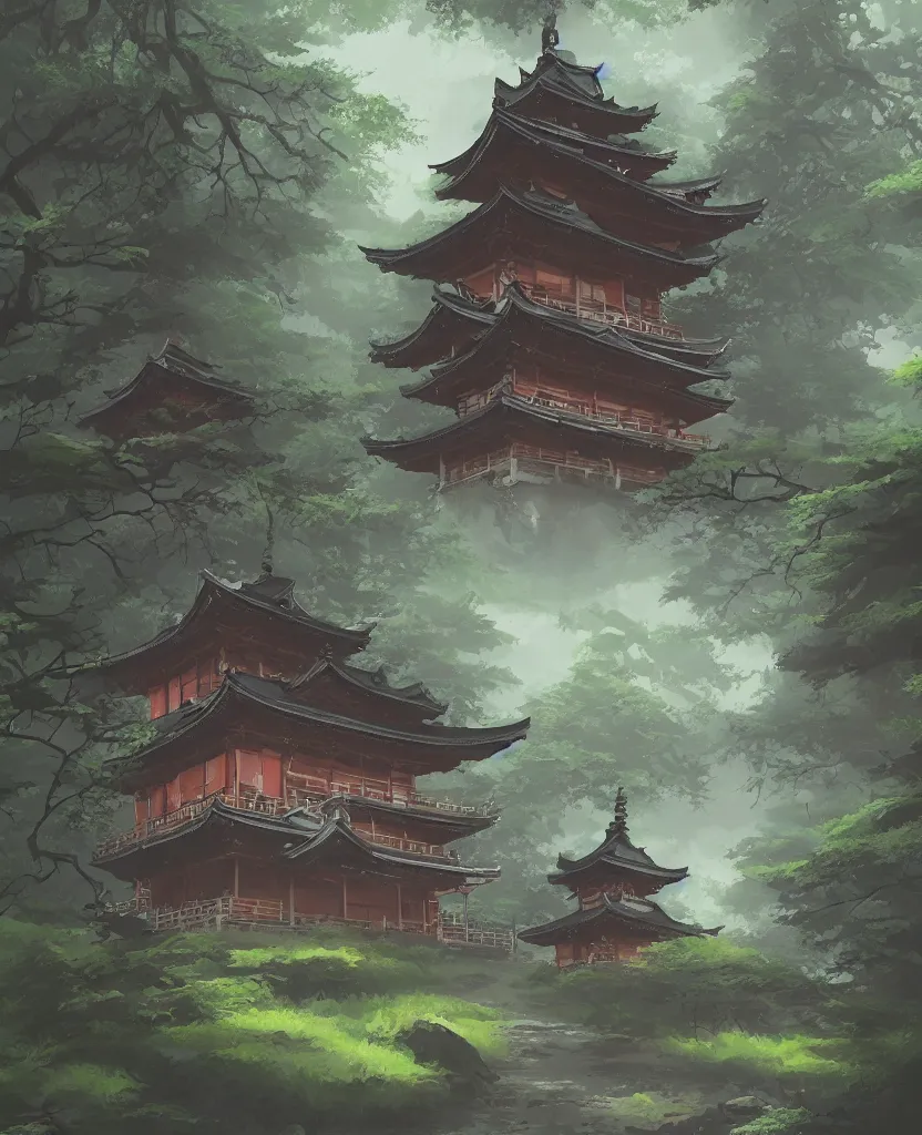 Image similar to concept art by sylvain sarrailh of a funny haunted japan temple in a forest