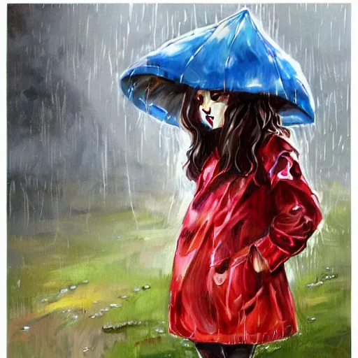 Prompt: a seven year old girl with short wavy curly light brown hair and blue eyes wearing a colorful raincoat in the rain. by artgerm and greg rutkowski