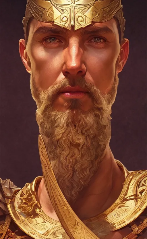 Image similar to portrait of the god ares, greek mythology, intricate, headshot, highly detailed, digital painting, artstation, concept art, sharp focus, cinematic lighting, illustration, art by artgerm and greg rutkowski, alphonse mucha, cgsociety