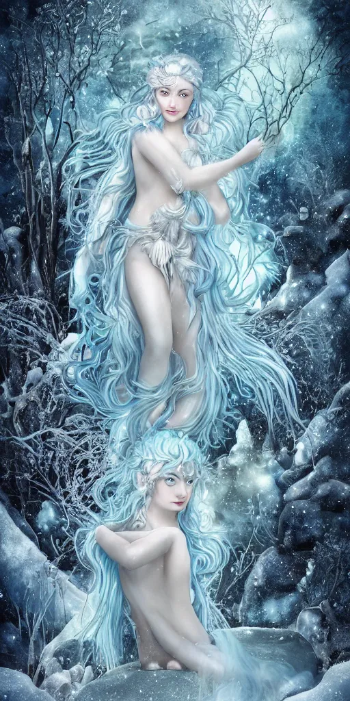 Prompt: goddess of winter in a zen garden, by Peter Kemp, ice blue eyes and light blue anime hair, glamorous hairstyle, frost clings to her skin, wearing translucent white and ice blue Enjolras fashion, lost in the moment, winter, art nouveau, ice clings to the rock garden by Brian Froud, frozen tear, berries, a heron, evergreen branches, white, ice blue, frost on the canvas, baroque border illumination by Alphonse Mucha