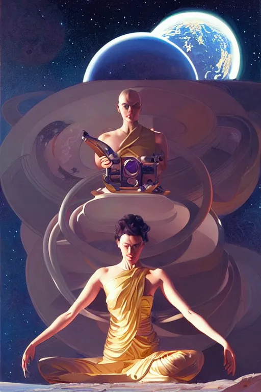 Prompt: space, buddhism, 🍆🌈💀 futurism, painting by greg rutkowski, j. c. leyendecker, artgerm