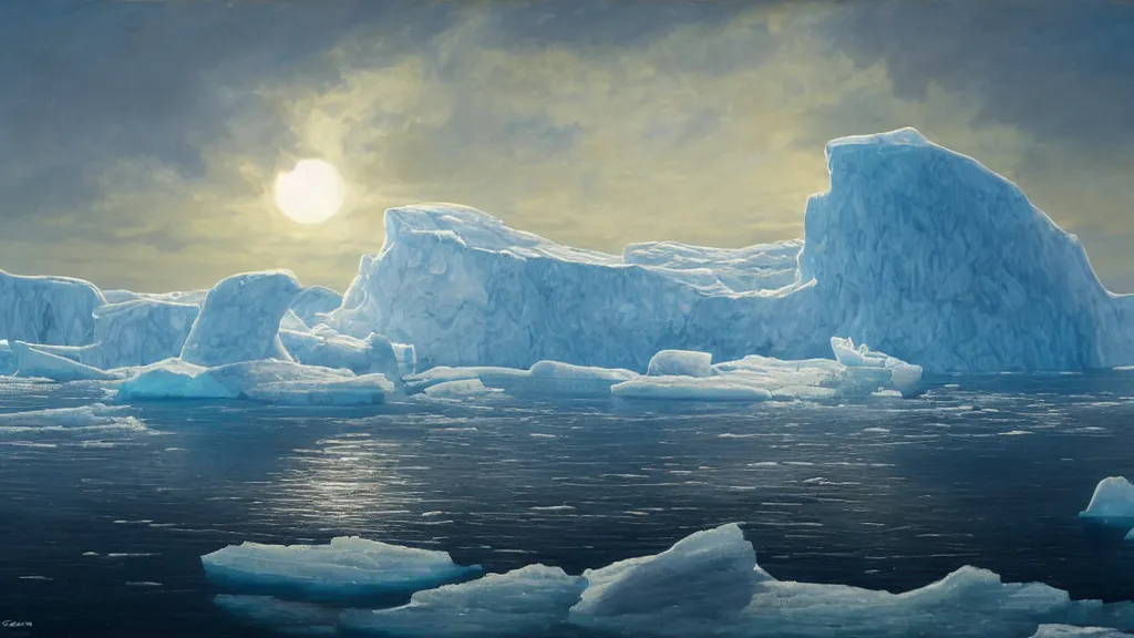 Prompt: the most beautiful panoramic landscape, oil painting, where a giant iceberg is lost in the frozen artic ocean, a giant polar bear is exhaling steam while walking over the iceberg, the frozen artic ocean is reflecting the giant polar bear and the ray lights of the sunrise are brightening him, by greg rutkowski