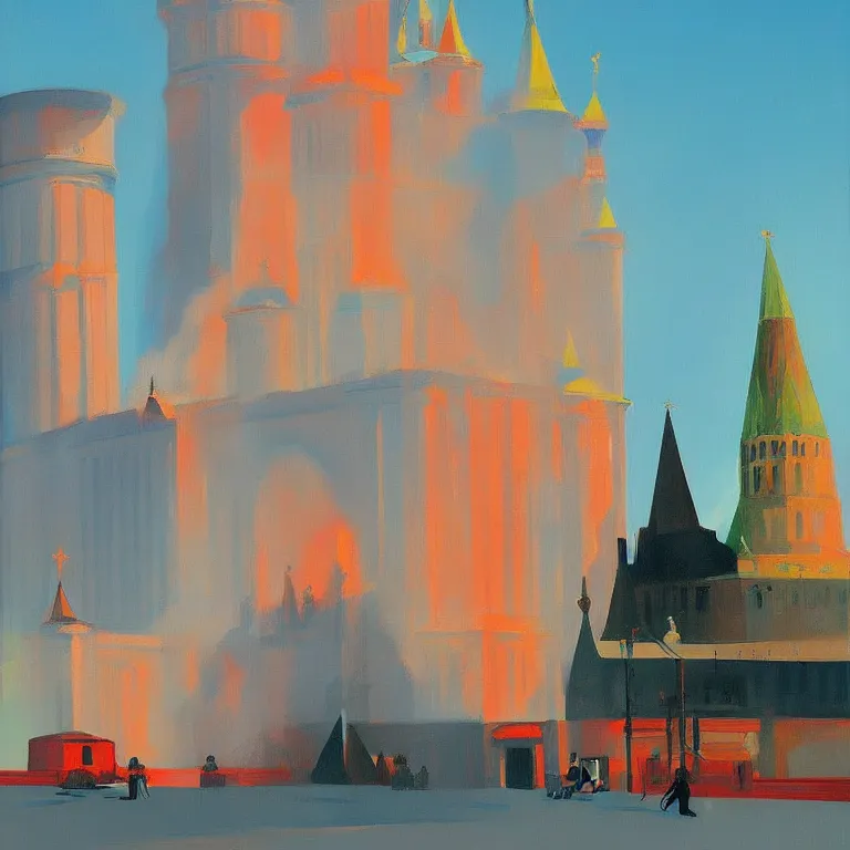 Prompt: Kremlin is on fire, painted by Edward Hopper, painted by James Gilleard, airbrush