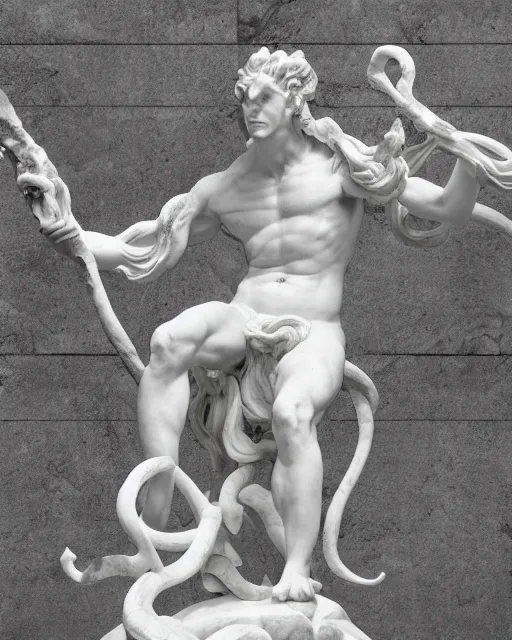 Image similar to an old marble statue of a hydra from herculean myths, hyper realistic, 4 k, grainy marble, hyper detailed