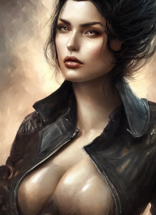 Image similar to a black haired woman in a leather jacket, muscular upper body, abs, d & d, fantasy, intricate, elegant, highly detailed, digital painting, artstation, concept art, smooth, sharp focus, illustration, art by anna dittmann