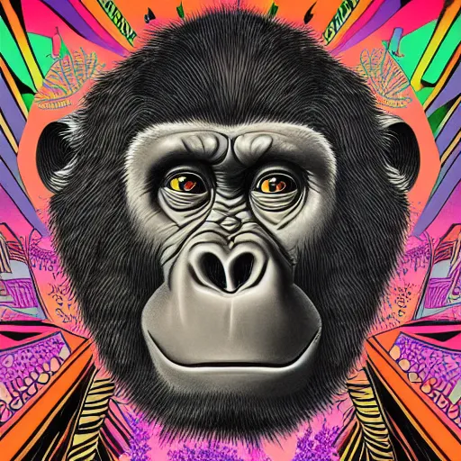 Image similar to gorilla illustrated in the style of can's tago mago album cover