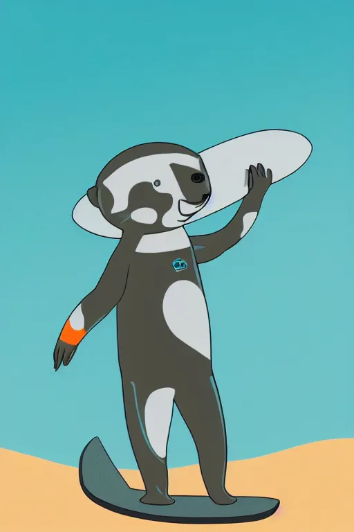 Image similar to a cute male gray turquoise white orange otter fursona wearing a black wetsuit and holding a surfboard on a beach, fantasy, paws on the sand, 8 k resolution, hyper detailed, character design, illustration, trending on artstation