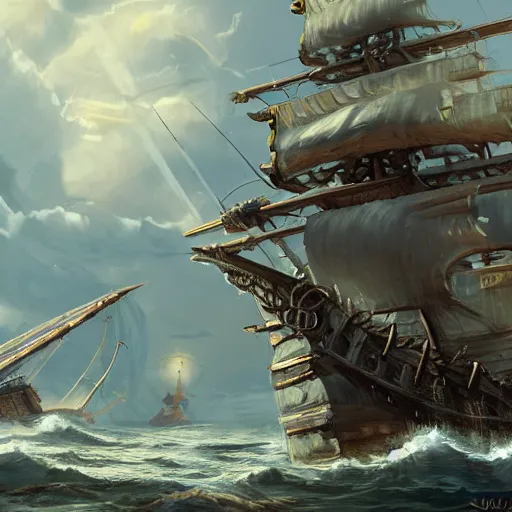 Image similar to pirate ship fighting off leviathan under sunny skies, trending on artstation, ultra fine detailed, hyper detailed, hd, concept art, digital painting