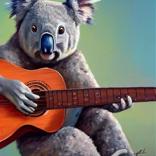 Image similar to portrait Koala playing a guitar, fine details. realistic shaded lighting by Ilya Kuvshinov Giuseppe Dangelico Pino and Michael Garmash and Rob Rey, IAMAG premiere, aaaa achievement collection, eyes open in wonder