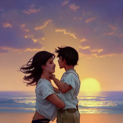 Prompt: a boy embracing an emotional girl in a cute blouse on the beach, sunset, extremely detailed, raytracing, art by artgerm, greg rutkowski and alphonse mucha, artstation