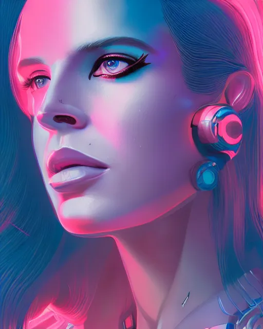 Image similar to portrait of cyborg lana del rey. intricate abstract. intricate artwork cyberpunk by tooth wu, wlop, beeple, dan mumford. octane render, trending on artstation, greg rutkowski ruan jia, cinematic lighting, hyper realism, high detail, octane render, 8 k, key art, blue and pink, iridescent accents