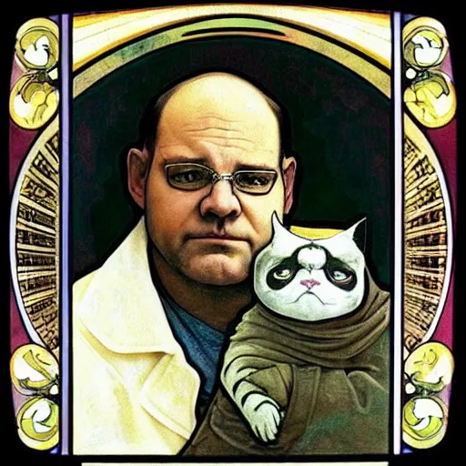 Prompt: “ george costanza from seinfeld holding grumpy cat above his head, holy light, art nouveau, by alphonse mucha ”