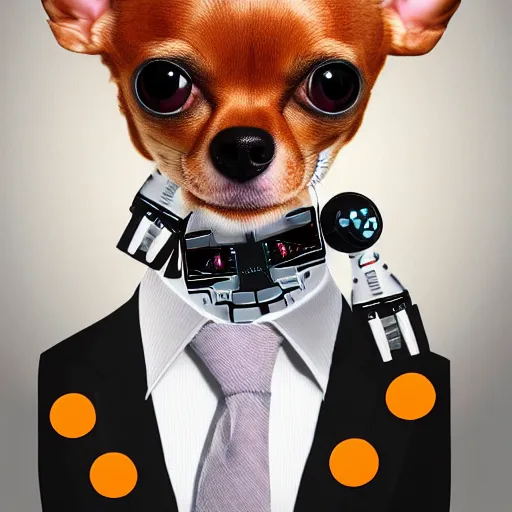 Image similar to professional portrait photo of a humanoid, with robotic parts on his face, honey color chihuahua dog, digital - art woman with a suit super hero