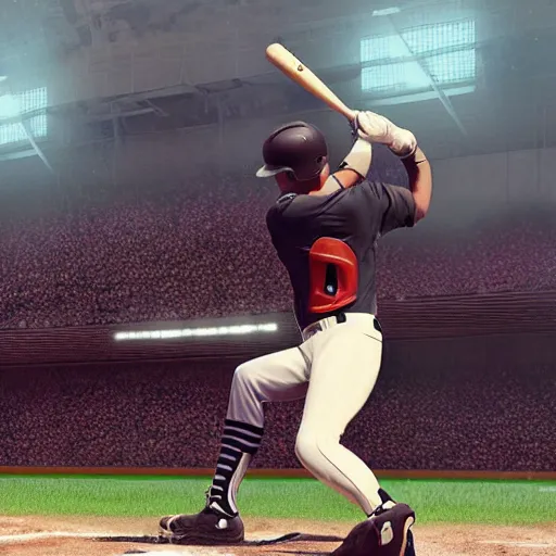 Image similar to baseball player hitting the ball with the baseball bat in the middle of the game and in front of everyone in the stadium, james gurney painting style, greg rutkowski, artstation, octane render, unreal engine 5