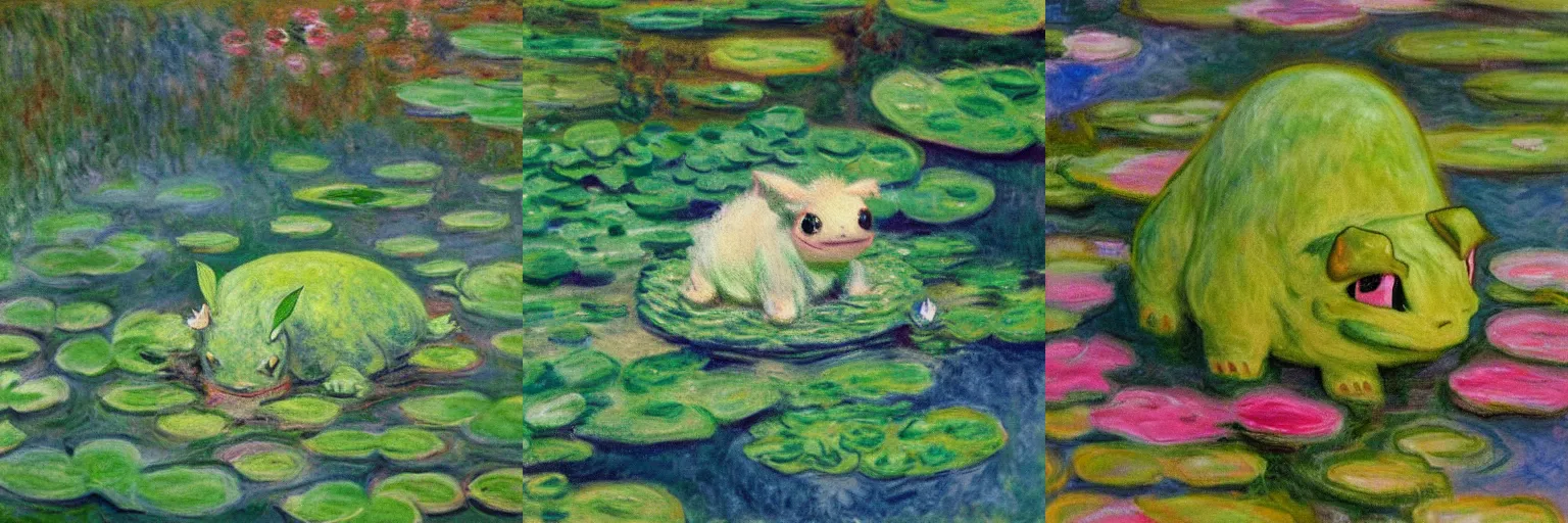 Prompt: bulbasaur sitting on a lilypad in a beautiful lake, oil on canvas by claude monet