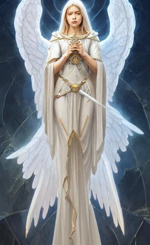 Image similar to angel, high key, full armor cloth, full body portrait, gentle, female, bright marble ruins, landscape, d & d, fantasy, intricate, elegant, highly detailed, digital painting, white gold color palette, artstation, octane render, concept art, matte, sharp focus, illustration, hearthstone, art by artgerm and greg rutkowski and alphonse mucha