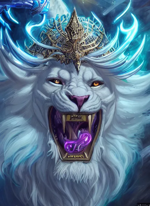 Image similar to anthropomorphized white lion wizard casting magic bright light spell, tzeentch, smiling, casting spell, concept art, insanely detailed and intricate, hypermaximalist, elegant, ornate, hyper realistic, super detailed, art deco, cinematic, trending on artstation, magic the gathering artwork