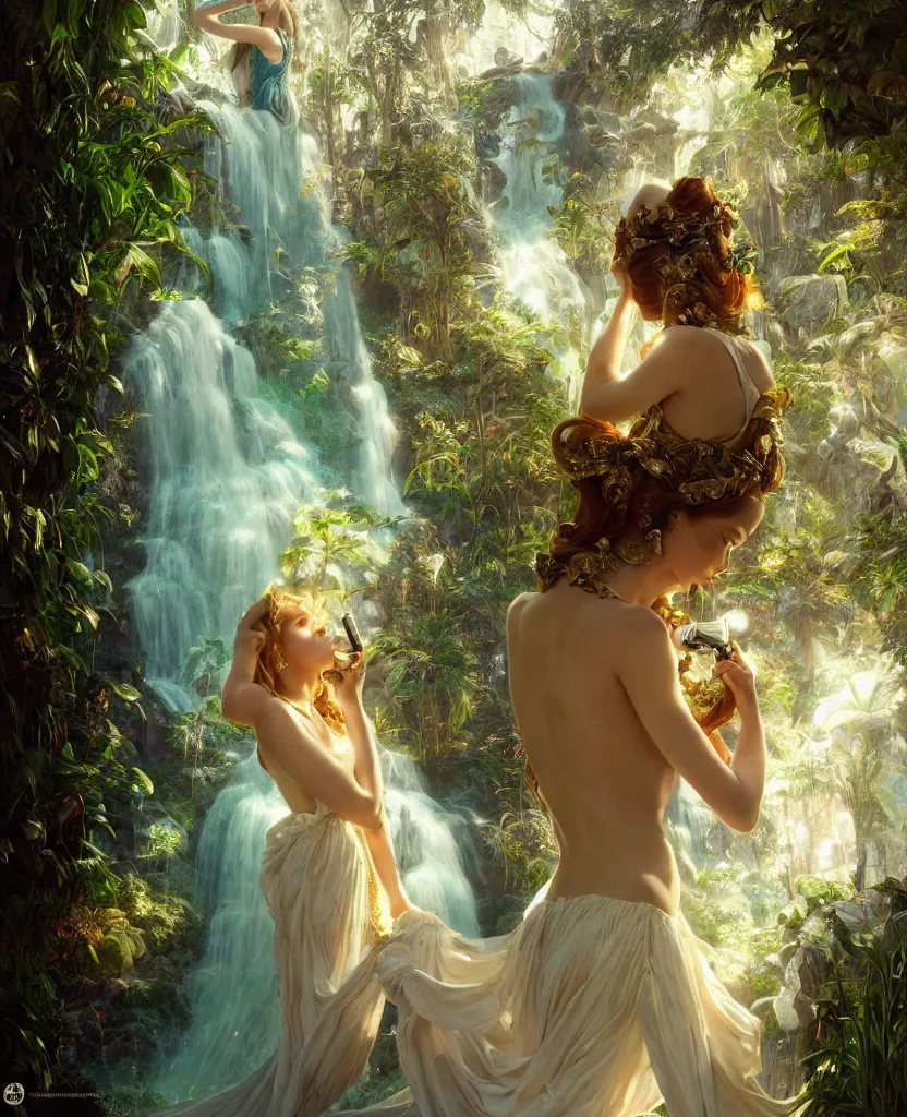 Image similar to hyper realistic photographer looking through a vintage medium format camera, magic pouring from lens, fantasy castle, full body waterfall dress, design on white background, beautiful details, lush foliage cyberpunk, gold, drawn by john singer sargent, tom bagshaw, norman rockwell, alphonso mucha, lolish, trending on artstation