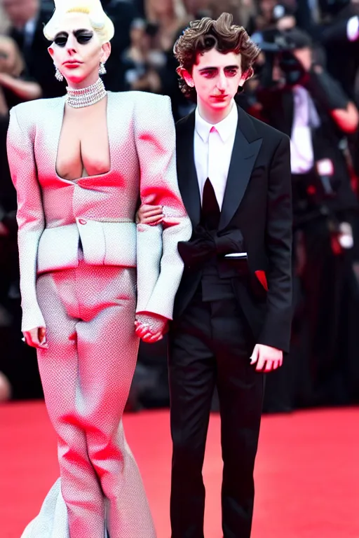 Image similar to timothee chalamet and lady gaga holding hands on the red carpet, beautiful detailed faces, canon eos