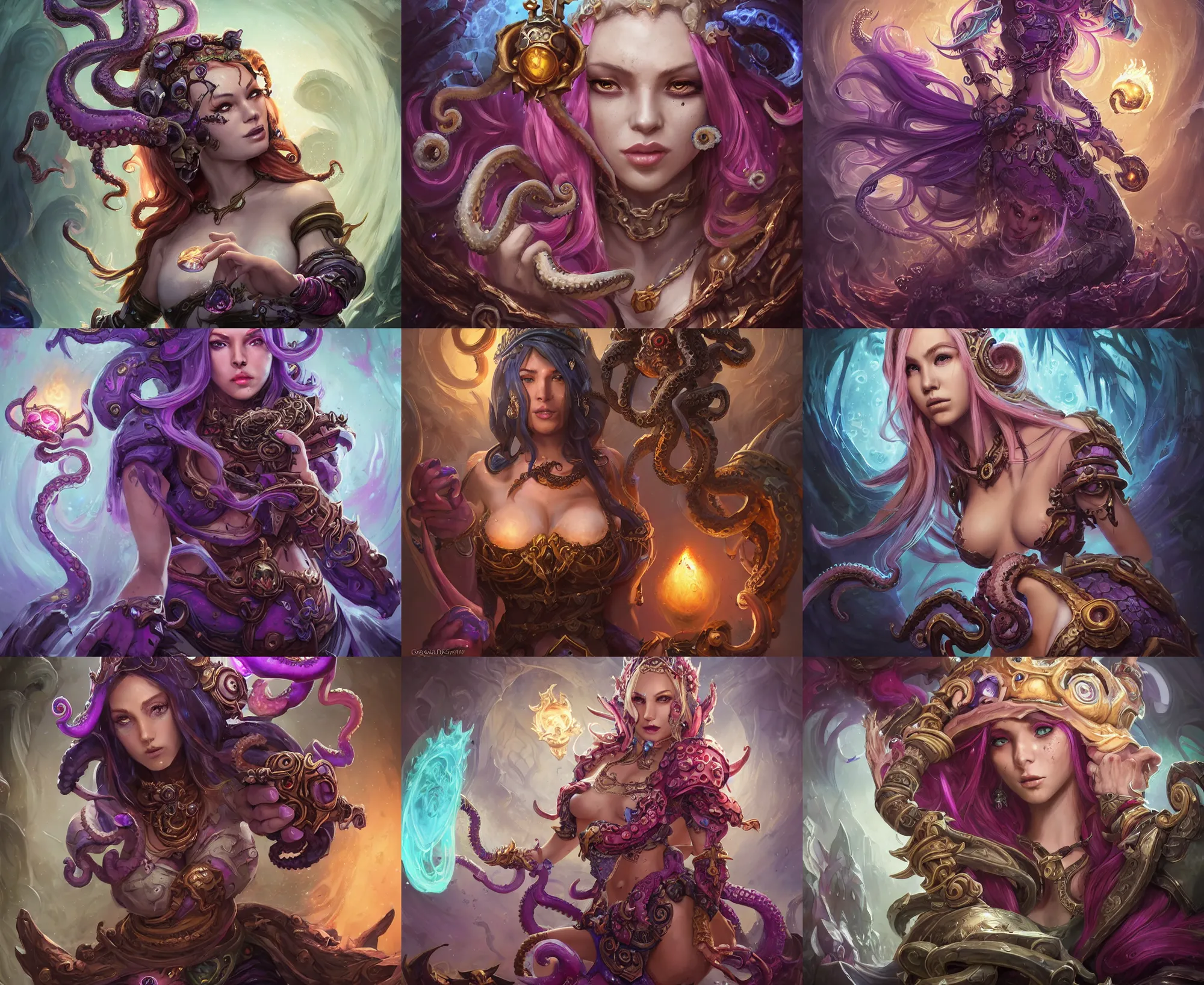 Prompt: portrait of woman sorceress wearing octopuses, league of legends splash art, hearthstone splash art, world of warcraft splash art, full body shot, rule of thirds, fantasy, whimsical, horror, ultrafine hyperrealistic detailed face, artgerm, greg rutkowski, josephine wall, trending on artstation, 8 k, intricately detailed, highly detailed