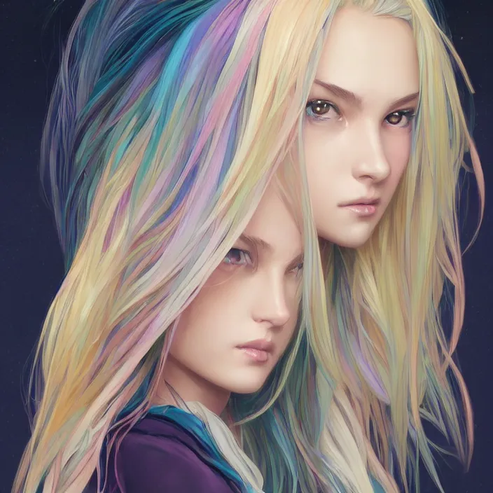 Image similar to portrait of beautiful symmetrical anime girl, rainbow hair, attractive, casual, modern, victoria's secret, highly detailed, digital painting, artstation, concept art, smooth, sharp focus, illustration, art by artgerm, greg rutkowski and alphonse mucha, 8 k,