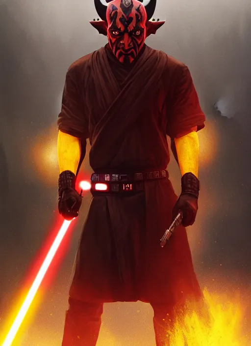 Image similar to highly detailed poster of darth maul with yellow eyes in gta v, unreal engine, fantasy art by greg rutkowski, global illumination, radiant light