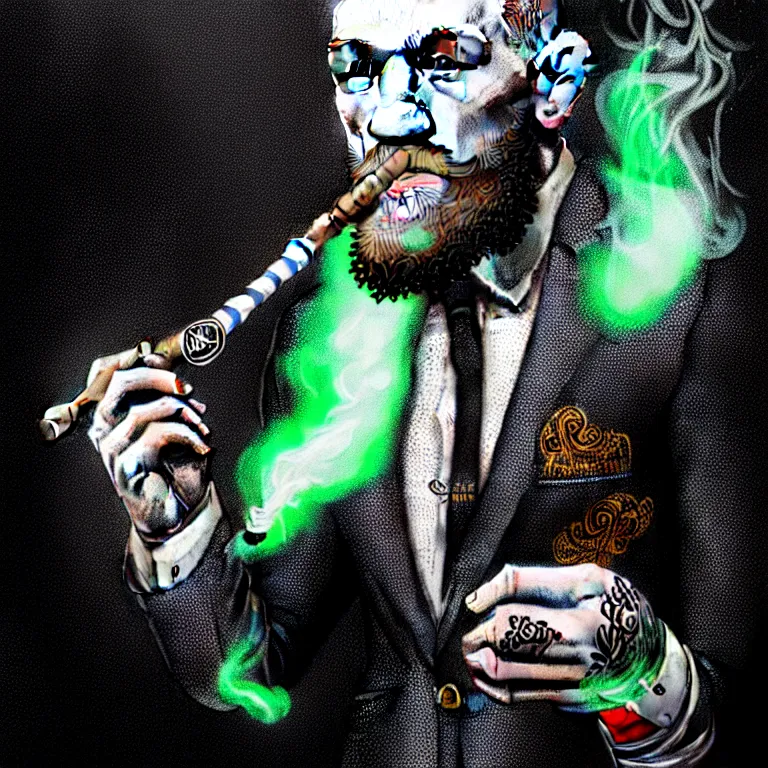 Image similar to a intricately detailed portrait of conor mcgregor smoking a lit cigar in an irish pub with a neon bar, smoke rising like clouds, balanced, trending on art station, volumetric lighting & shadows, hyper detailed, digital art, unreal engine, 4 0 0 mm f 1. 8,