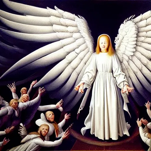 Image similar to highdetailed hyperrealistic painting of white angel!!! no gender smiling noface!!!, light instead of hands, white sparkles everywhere, 4 k hd face!!!, big silver high detailed wings!!!, renaissance, by jan van eyck, by gerhard richter, holography space, glow effect, large strokes, monochrome!!!!!