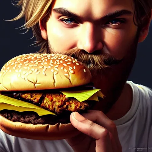 Prompt: Pewdiepie eating a burger, closeup, D&D style, fantasy, intricate, elegant, highly detailed, digital painting, artstation, concept art, matte, sharp focus, illustration, art by Artgerm and Greg Rutkowski and Alphonse Mucha